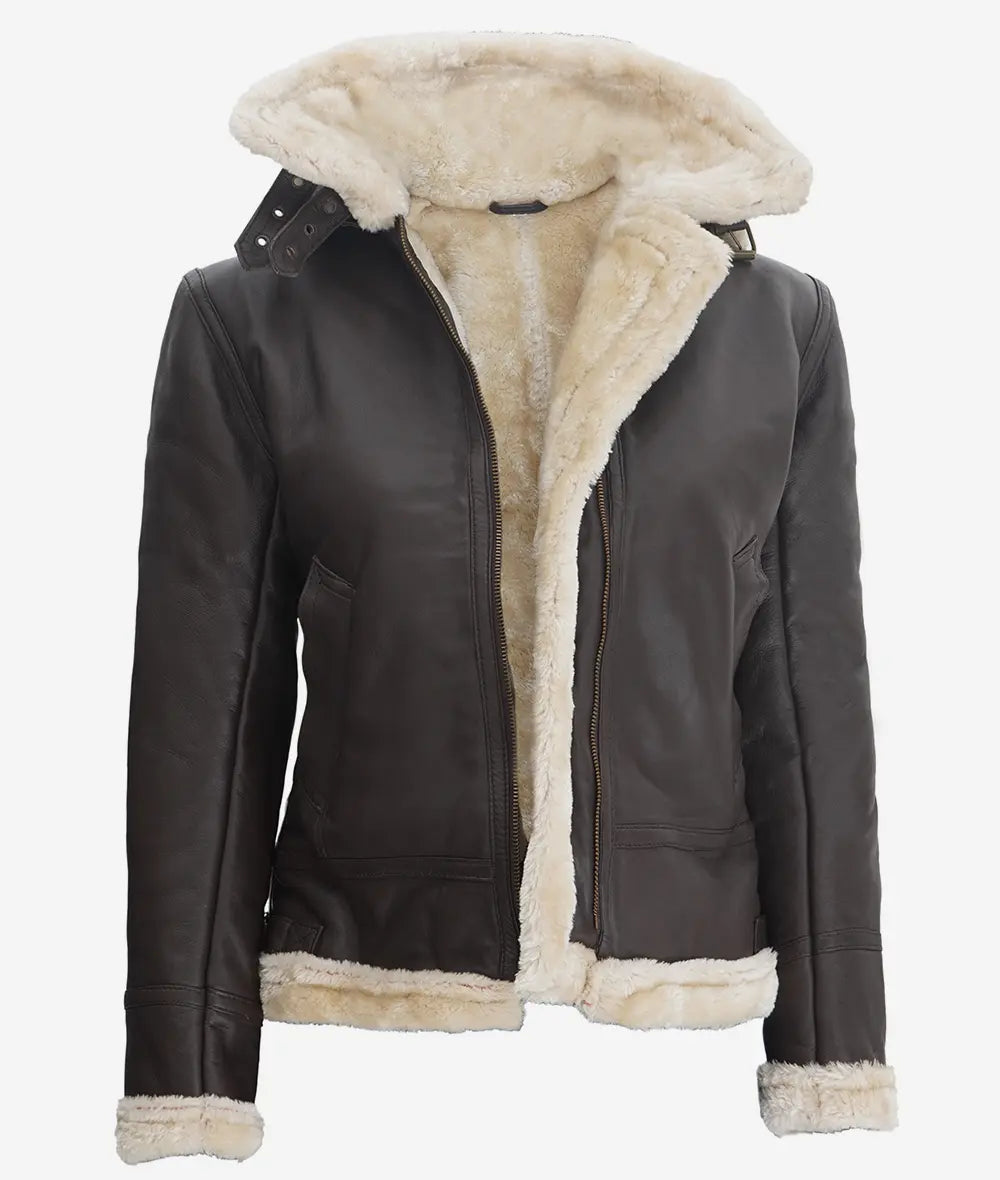Womens Dark Brown Hooded Shearling Leather Jacket LSW-0069